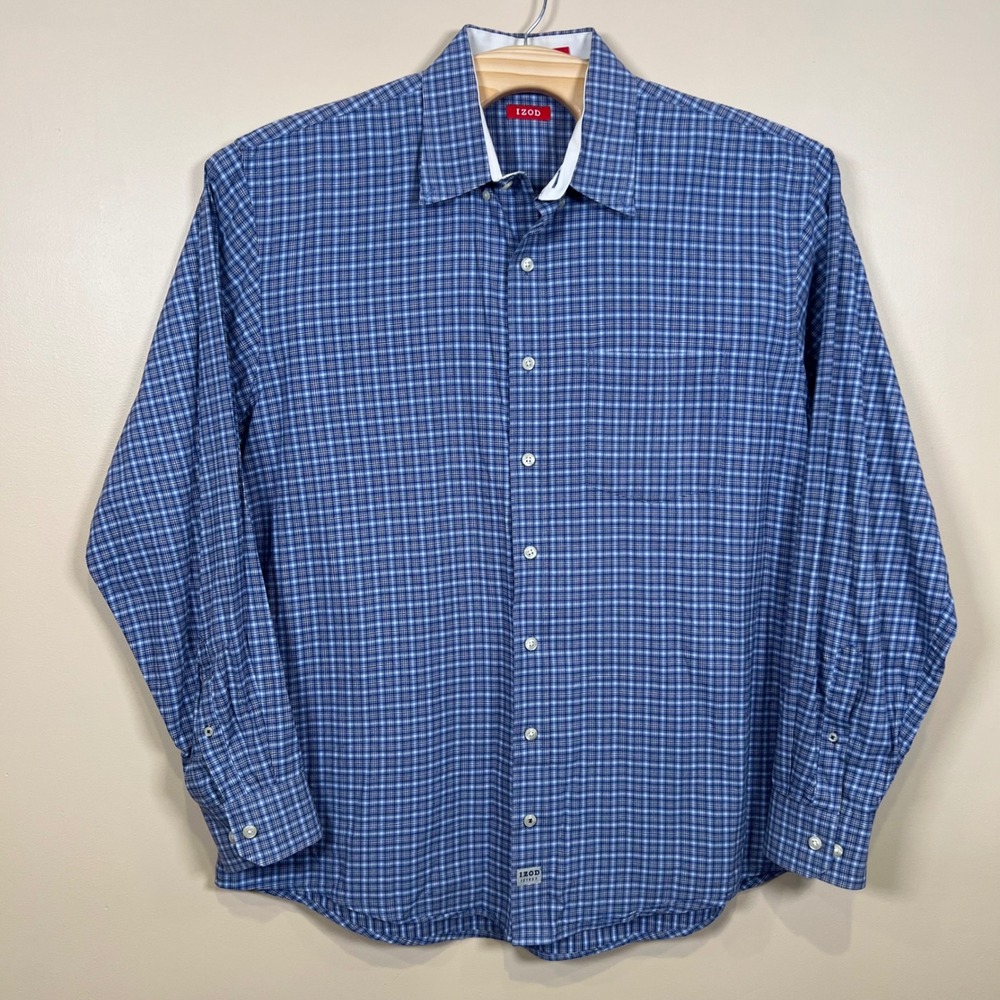 IZOD Sport Button Down Shirt Mens XLT Blue Plaid Long Sleeve Cotton Casual Check